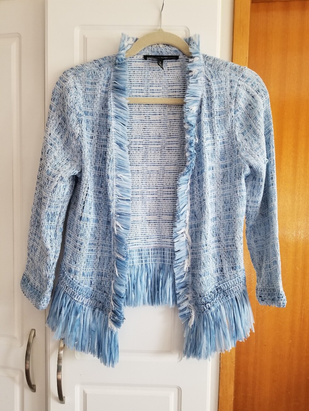 👙🍀White House Black Market fringed open tweed blazer
